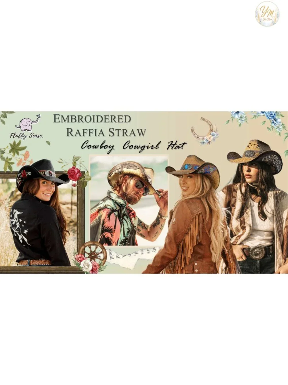 Embroidered Straw Cowboy Hat for Women Men Western Cowgirl